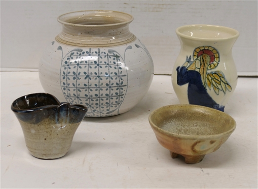 4 Pieces of Art Pottery - 5 Angel Vase (Artist Signed), Blue Decorated Vase 6 tall, Bolick Pinched Vessel, and Modern Footed 4 Bowl 