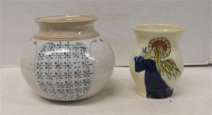 4 Pieces of Art Pottery - 5 Angel Vase (Artist Signed), Blue Decorated Vase 6 tall, Bolick Pinched Vessel, and Modern Footed 4 Bowl 