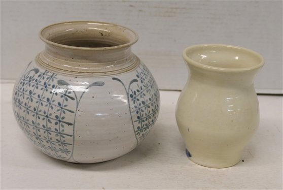 4 Pieces of Art Pottery - 5 Angel Vase (Artist Signed), Blue Decorated Vase 6 tall, Bolick Pinched Vessel, and Modern Footed 4 Bowl 