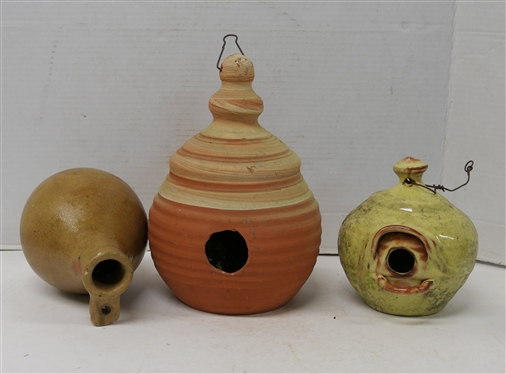 3 Artist Signed Pottery Bird Houses - Yellow Glazed Signed WC 85, Evan - Arden ,NC, and Terracotta Lee Creek, GC - 11 Tall 