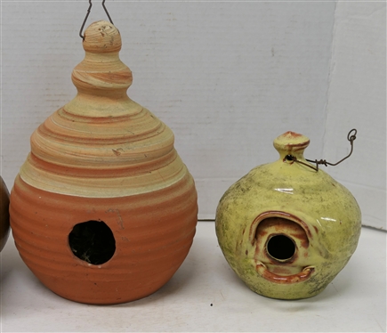 3 Artist Signed Pottery Bird Houses - Yellow Glazed Signed WC 85, Evan - Arden ,NC, and Terracotta Lee Creek, GC - 11 Tall 