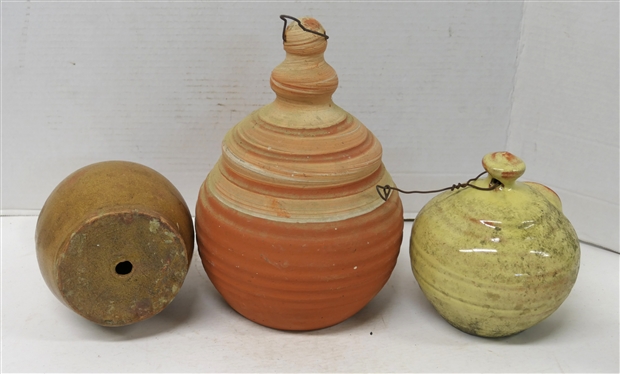 3 Artist Signed Pottery Bird Houses - Yellow Glazed Signed WC 85, Evan - Arden ,NC, and Terracotta Lee Creek, GC - 11 Tall 
