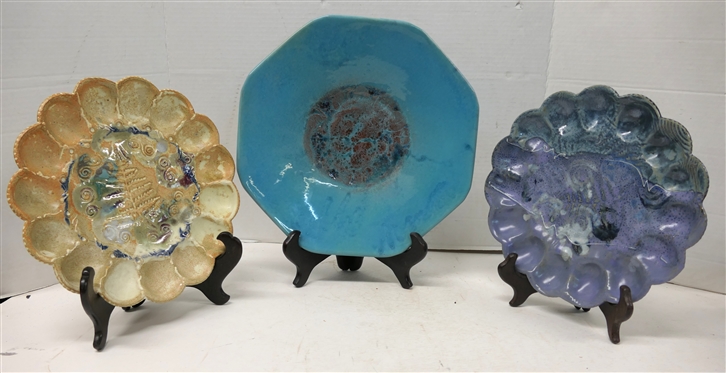 3 Art Pottery Plates -2 Artist Signed Egg Plates with Impressed Leaves - 9 1/2 Across and Blue Octagon Shaped 12 1/2 Across - Not Signed