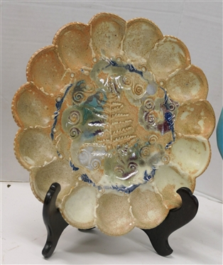 3 Art Pottery Plates -2 Artist Signed Egg Plates with Impressed Leaves - 9 1/2 Across and Blue Octagon Shaped 12 1/2 Across - Not Signed