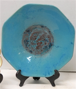 3 Art Pottery Plates -2 Artist Signed Egg Plates with Impressed Leaves - 9 1/2 Across and Blue Octagon Shaped 12 1/2 Across - Not Signed