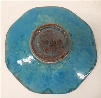 3 Art Pottery Plates -2 Artist Signed Egg Plates with Impressed Leaves - 9 1/2 Across and Blue Octagon Shaped 12 1/2 Across - Not Signed