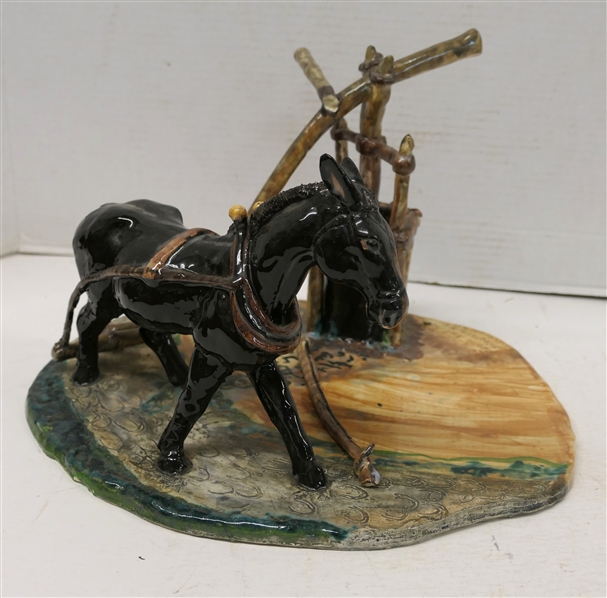 Eagles Nest Pottery - Seagrove, NC by Harold Cox Donkey and Well Sculpture - Hand Decorated Base - Well is 9" Tall At Tallest Point - Base Measures 13" Across - One Well Pump Handle Needs Glue