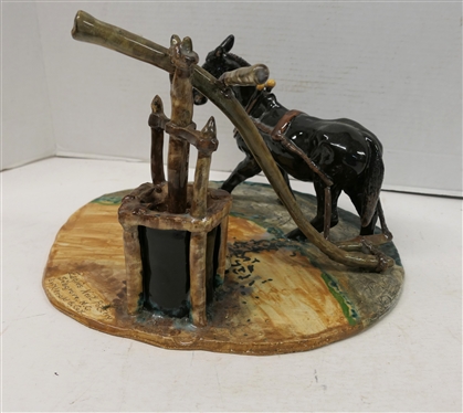 Eagle''s Nest Pottery - Seagrove, NC by Harold Cox Donkey and Well Sculpture - Hand Decorated Base - Well is 9 Tall At Tallest Point - Base Measures 13 Across - One Well Pump Handle Needs Glue