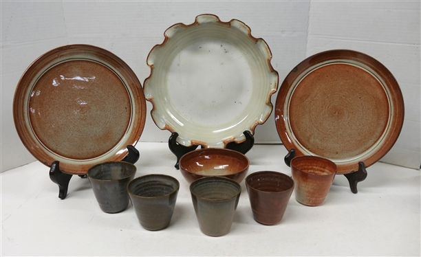 9 Pieces of Seagrove North Carolina Potter - All Unsigned - 5 - 3 Tumblers, 5 Bowl, 12 Pie Dish / Dirt Dish, and 2 - 9 Plates - Both with Chips on Edges