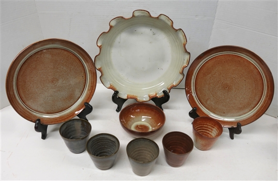 9 Pieces of Seagrove North Carolina Potter - All Unsigned - 5 - 3 Tumblers, 5 Bowl, 12 Pie Dish / Dirt Dish, and 2 - 9 Plates - Both with Chips on Edges