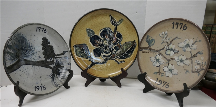 3 North Carolina Art Pottery Platters by Johnston County NC Pottery Carlie B. Tart - 1973 Dated 13 1/2 Platter with Blue Flower, Bicentennial 1776 - 1976 Dogwood Platter #9 Signed in Script with...