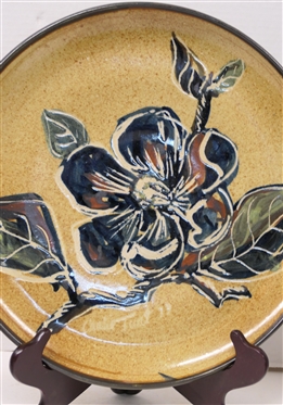 3 North Carolina Art Pottery Platters by Johnston County NC Pottery Carlie B. Tart - 1973 Dated 13 1/2 Platter with Blue Flower, Bicentennial 1776 - 1976 Dogwood Platter #9 Signed in Script with...