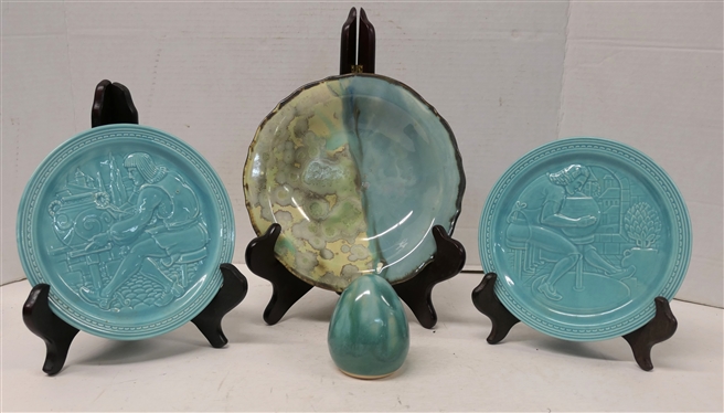 4 Pieces of Turquoise Pottery - Frog Pond Pottery Egg, Crystalline Rimmed Soup Bowl by Edgecomb Pottery - 8 Across, and 2 Plates - Joint Exhibit of Capital and Labor - The American Potter - New...