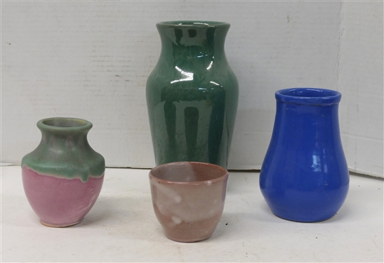 4 Pieces of North Carolina Pottery - Tumbler Signed Dover Pottery 1983, Vase with Pink and Green Glaze 4 1/2 Tall, Blue Glazed Vase - 5 1/2 tall, and Green Glazed Vase 8 1/4 Tall 
