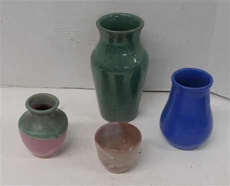 4 Pieces of North Carolina Pottery - Tumbler Signed Dover Pottery 1983, Vase with Pink and Green Glaze 4 1/2 Tall, Blue Glazed Vase - 5 1/2 tall, and Green Glazed Vase 8 1/4 Tall 