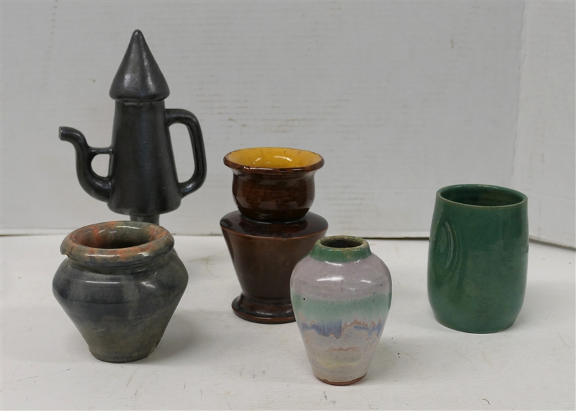 5 Pottery Pieces - Cole Pottery Tumbler Dated 2001, Signed Vase with Green, Blue, and White Glaze 4 1/4" Tall, Gray Glazed Vase with Some Chips Around Bottom Edge, Brown 5 1/2" Vase with Yellow...