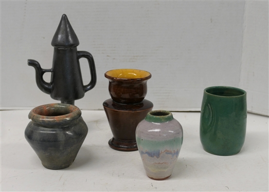 5 Pottery Pieces - Cole Pottery Tumbler Dated 2001, Signed Vase with Green, Blue, and White Glaze 4 1/4 Tall, Gray Glazed Vase with Some Chips Around Bottom Edge, Brown 5 1/2 Vase with Yellow...