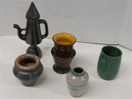 5 Pottery Pieces - Cole Pottery Tumbler Dated 2001, Signed Vase with Green, Blue, and White Glaze 4 1/4 Tall, Gray Glazed Vase with Some Chips Around Bottom Edge, Brown 5 1/2 Vase with Yellow...