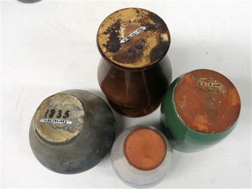 5 Pottery Pieces - Cole Pottery Tumbler Dated 2001, Signed Vase with Green, Blue, and White Glaze 4 1/4 Tall, Gray Glazed Vase with Some Chips Around Bottom Edge, Brown 5 1/2 Vase with Yellow...