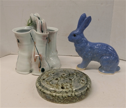 3 Pottery Pieces - 7 Raku Pottery Flower Frog, Blue Glazed Rabbit 9 1/2 Tall, and Art Pottery Basket - 7 Tall Not Including Handle 