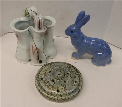 3 Pottery Pieces - 7 Raku Pottery Flower Frog, Blue Glazed Rabbit 9 1/2 Tall, and Art Pottery Basket - 7 Tall Not Including Handle 