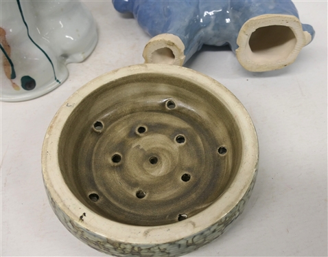 3 Pottery Pieces - 7 Raku Pottery Flower Frog, Blue Glazed Rabbit 9 1/2 Tall, and Art Pottery Basket - 7 Tall Not Including Handle 