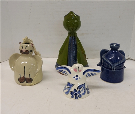 4 Pottery Angels - Blue Glazed Oil Lamp by John Sarrow Black Mountain, NC, Blue and White Angel - 4 1/2 Tall, Ann Williams Seagrove, NC - Angel Cat Oil Lamp - Never Used, and 9 1/2 Green Angel...