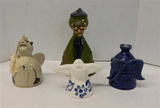 4 Pottery Angels - Blue Glazed Oil Lamp by John Sarrow Black Mountain, NC, Blue and White Angel - 4 1/2 Tall, Ann Williams Seagrove, NC - Angel Cat Oil Lamp - Never Used, and 9 1/2 Green Angel...
