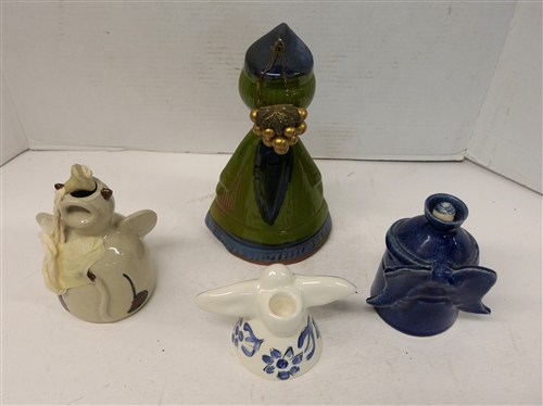 4 Pottery Angels - Blue Glazed Oil Lamp by John Sarrow Black Mountain, NC, Blue and White Angel - 4 1/2 Tall, Ann Williams Seagrove, NC - Angel Cat Oil Lamp - Never Used, and 9 1/2 Green Angel...