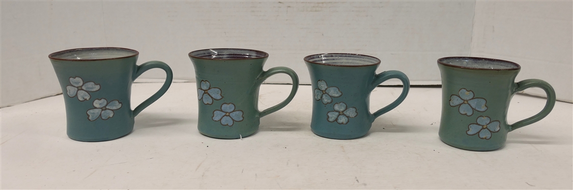 4 North Carolina Pottery Mugs with Dogwood Flowers - McWirter Celo North Carolina - Each Mug is Approx.. 3 1/2 Tall 