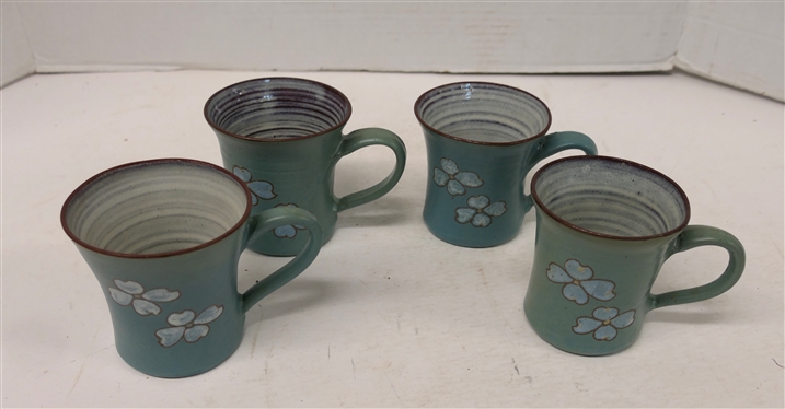 4 North Carolina Pottery Mugs with Dogwood Flowers - McWirter Celo North Carolina - Each Mug is Approx.. 3 1/2 Tall 