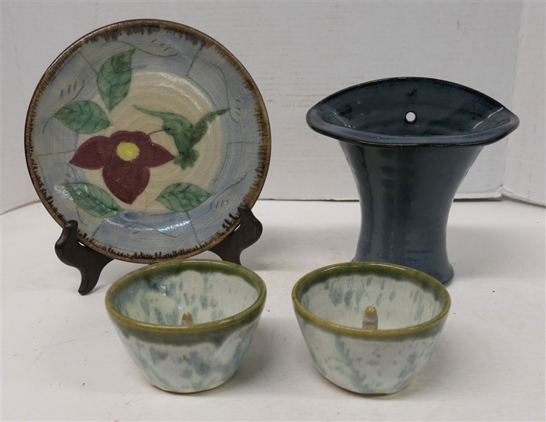 4 Pieces of North Carolina Pottery - 2 - Pot Luck Pottery Apple Bakers, "WC - 85" Blue Glazed Wall Pocket Vase, and Humble Mill Fenbergh Seagrove, NC Decorated Plate - 8" Across - Wall Pocket is...