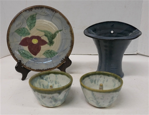 4 Pieces of North Carolina Pottery - 2 - Pot Luck Pottery Apple Bakers, WC - ''85 Blue Glazed Wall Pocket Vase, and Humble Mill Fenbergh Seagrove, NC Decorated Plate - 8 Across - Wall Pocket is...