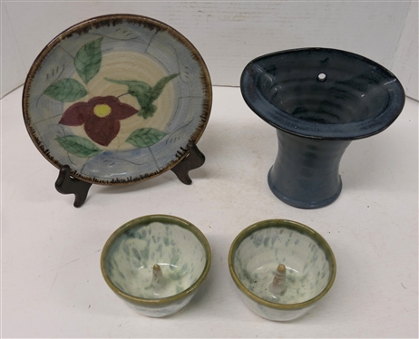 4 Pieces of North Carolina Pottery - 2 - Pot Luck Pottery Apple Bakers, WC - ''85 Blue Glazed Wall Pocket Vase, and Humble Mill Fenbergh Seagrove, NC Decorated Plate - 8 Across - Wall Pocket is...