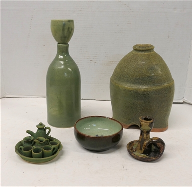 Lot of Green Glazed Art Pottery - Miniature Tea Set Anita''s Pottery - Seagrove, NC - 8 Pieces, Bluehill, AK Bowl with Fish Inside, 3 Marie Rogers Candle Stick, Unusually Shaped Vase with Stamped...