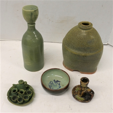 Lot of Green Glazed Art Pottery - Miniature Tea Set Anita''s Pottery - Seagrove, NC - 8 Pieces, Bluehill, AK Bowl with Fish Inside, 3 Marie Rogers Candle Stick, Unusually Shaped Vase with Stamped...