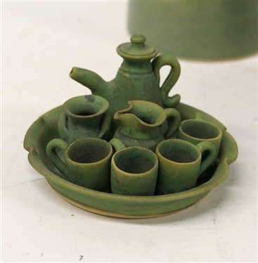 Lot of Green Glazed Art Pottery - Miniature Tea Set Anita''s Pottery - Seagrove, NC - 8 Pieces, Bluehill, AK Bowl with Fish Inside, 3 Marie Rogers Candle Stick, Unusually Shaped Vase with Stamped...