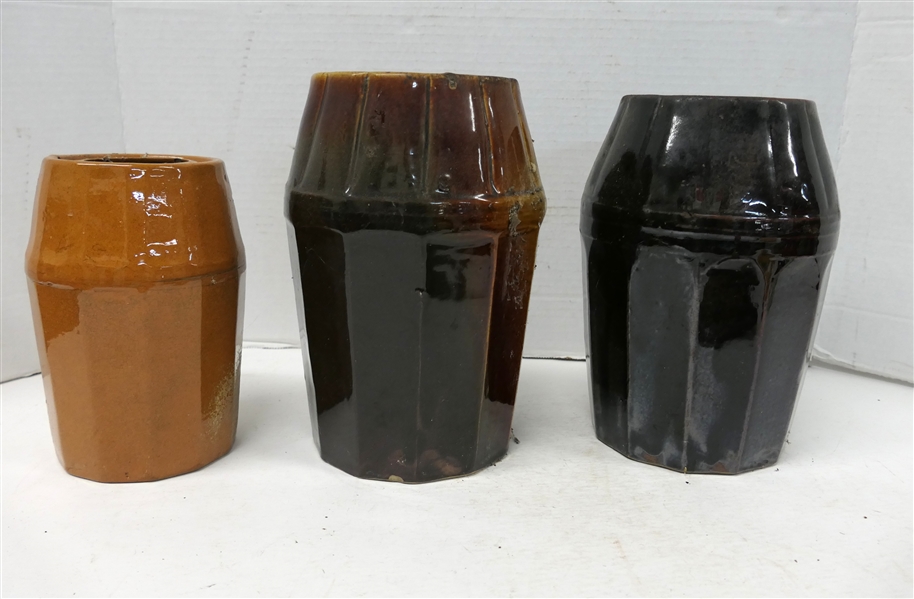 3 Stoneware Paneled Canning Jars - Dark Brown 8 1/2" Peoria Pottery, Lighter Brown 8 1/2" Peoria Pottery, and Smallest Stamped "T&C" 6 1/2" Tall 