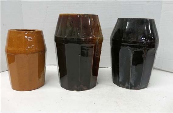 3 Stoneware Paneled Canning Jars - Dark Brown 8 1/2 Peoria Pottery, Lighter Brown 8 1/2 Peoria Pottery, and Smallest Stamped T&C 6 1/2 Tall 