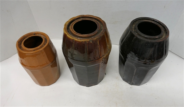 3 Stoneware Paneled Canning Jars - Dark Brown 8 1/2 Peoria Pottery, Lighter Brown 8 1/2 Peoria Pottery, and Smallest Stamped T&C 6 1/2 Tall 