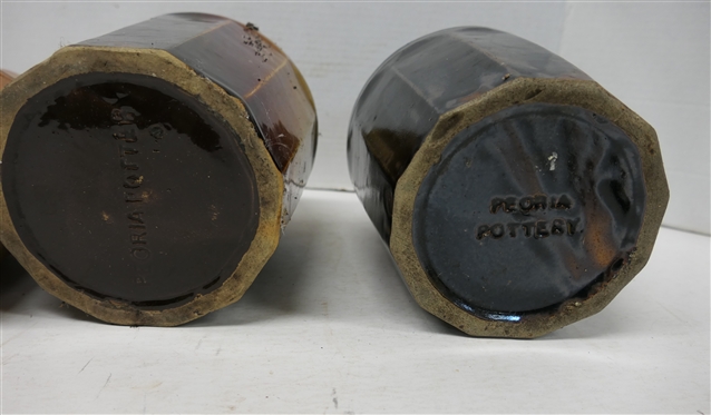 3 Stoneware Paneled Canning Jars - Dark Brown 8 1/2 Peoria Pottery, Lighter Brown 8 1/2 Peoria Pottery, and Smallest Stamped T&C 6 1/2 Tall 