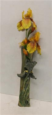 Gay Ann McAvoy Art Pottery Iris Wall Vase - Sculpted Iris Flower with Wall Pocket Vase with Faux Iris Flowers - Signed and Dated 1995  - Vase is 14 Long 3 1/2 Wide 