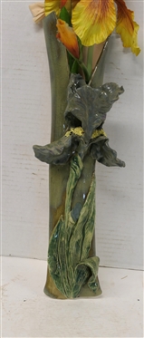 Gay Ann McAvoy Art Pottery Iris Wall Vase - Sculpted Iris Flower with Wall Pocket Vase with Faux Iris Flowers - Signed and Dated 1995  - Vase is 14 Long 3 1/2 Wide 