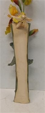 Gay Ann McAvoy Art Pottery Iris Wall Vase - Sculpted Iris Flower with Wall Pocket Vase with Faux Iris Flowers - Signed and Dated 1995  - Vase is 14 Long 3 1/2 Wide 