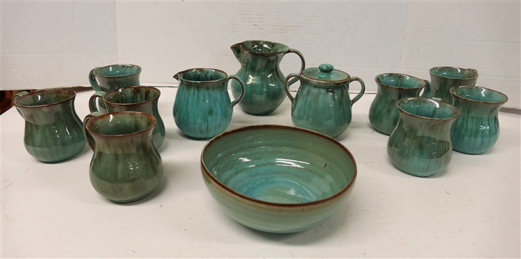 12 Pieces of Turquoise Variegated Glaze - Seagrove North Carolina Pottery - 3 1/2 Mugs, 4 1/2 Pitcher, Cream & Sugar Bowl with Lid, and Bowl 