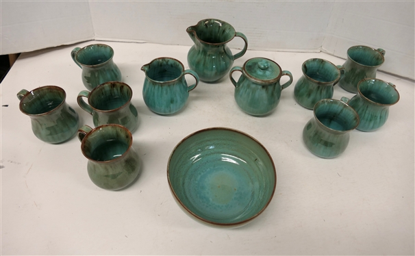 12 Pieces of Turquoise Variegated Glaze - Seagrove North Carolina Pottery - 3 1/2 Mugs, 4 1/2 Pitcher, Cream & Sugar Bowl with Lid, and Bowl 