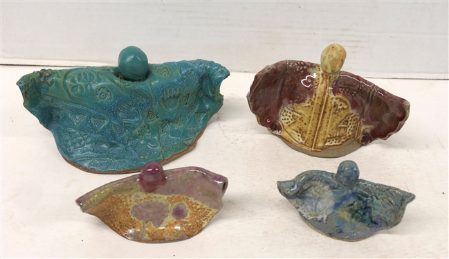 4 Fun Contemporary Handmade Art Pottery Angels - All Signed - Blue Green Angel is Approx. 4 Tall Smallest Blue Gray Angel is 2 1/2 Tall 