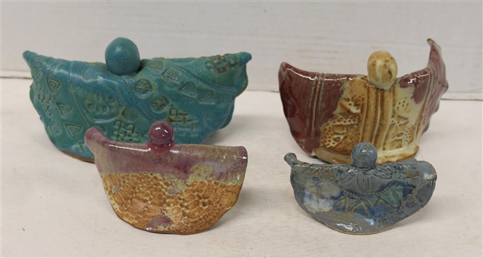 4 Fun Contemporary Handmade Art Pottery Angels - All Signed - Blue Green Angel is Approx. 4 Tall Smallest Blue Gray Angel is 2 1/2 Tall 