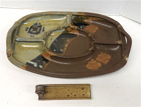 2 Pieces of Contemporary Studio Art Pottery - Butter Dish and Large Artist Signed Hors d''oeuvre Platter - 18 Handle to Handle 12 1/2 Across