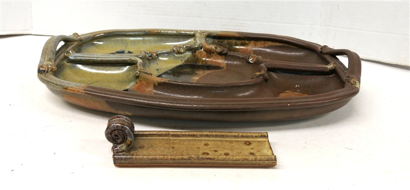 2 Pieces of Contemporary Studio Art Pottery - Butter Dish and Large Artist Signed Hors d''oeuvre Platter - 18 Handle to Handle 12 1/2 Across